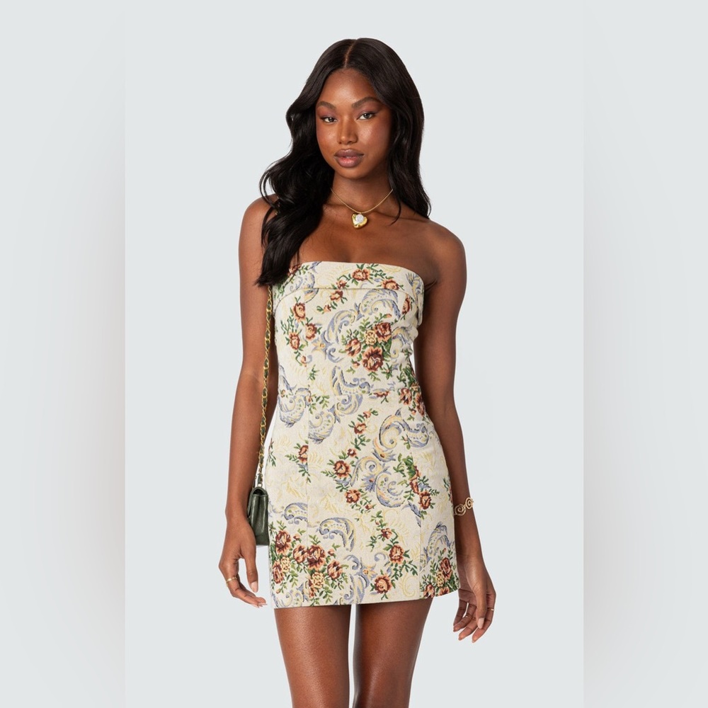 Edikted Cream Strapless Floral Paisley Mini Dress